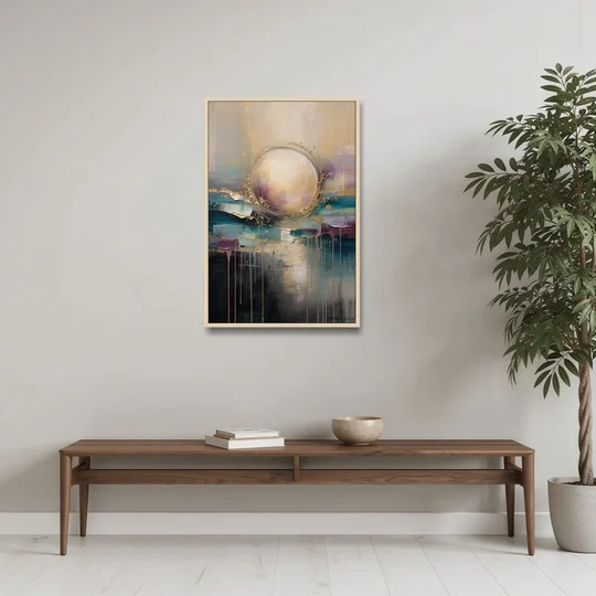 Luxury Abstract Gilded Moonrise Over Teal - Oak Framed Canvas Wall Art - Coffee Table - 24x36