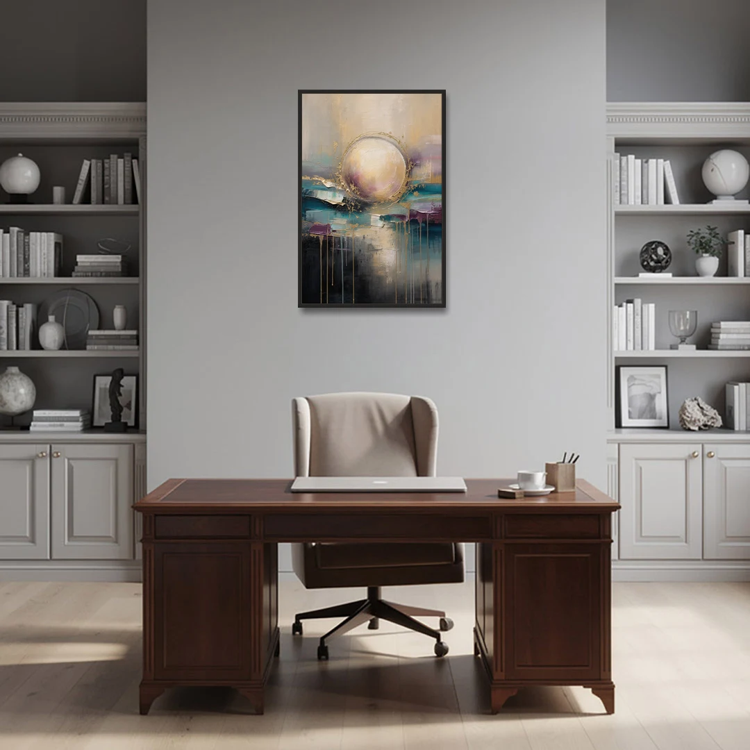 Luxury Abstract Gilded Moonrise Over Teal - Black Framed Canvas Wall Art - Office - 24x36