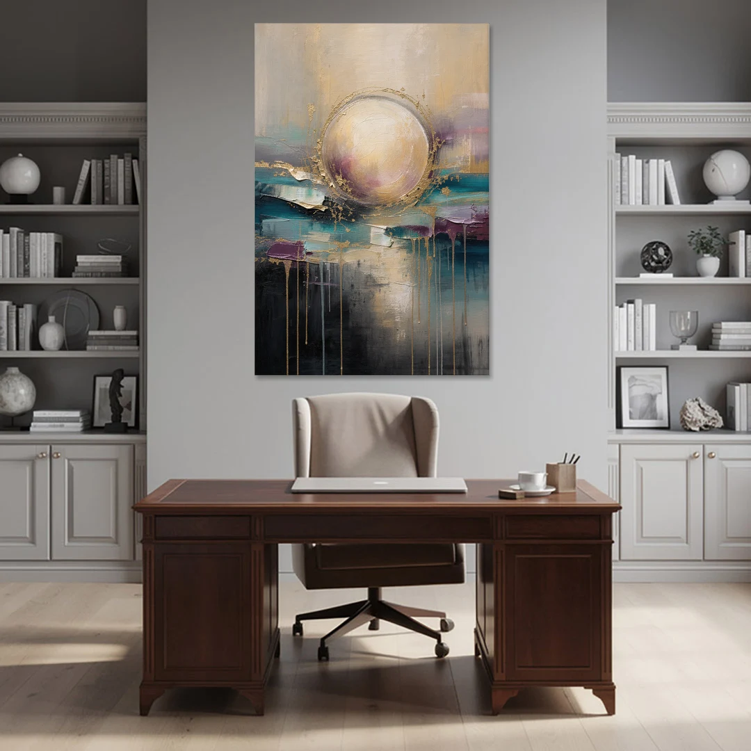 Luxury Abstract Gilded Moonrise Over Teal - Canvas Wall Art - Office - 40x60