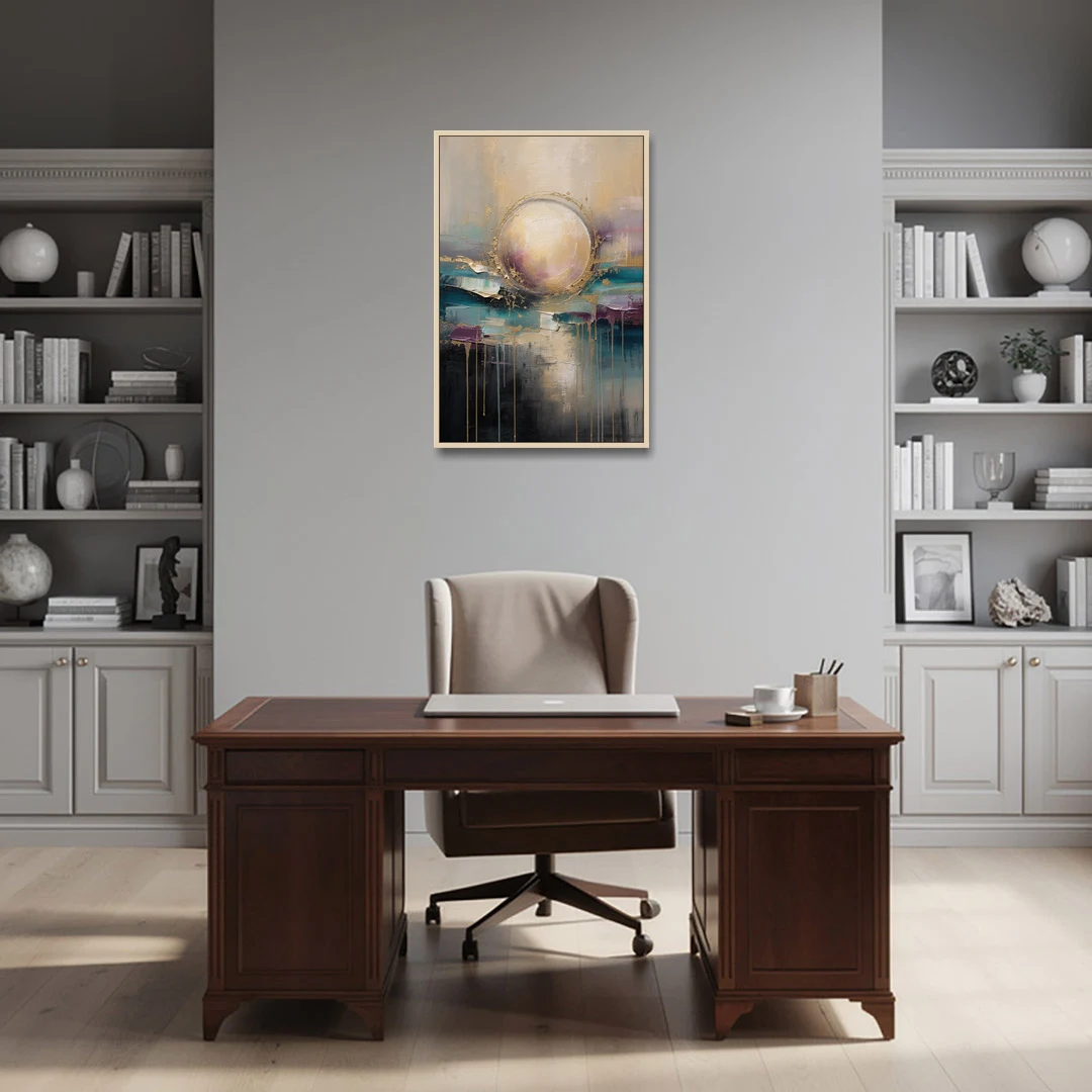 Luxury Abstract Gilded Moonrise Over Teal - Oak Framed Canvas Wall Art - Office - 24x36