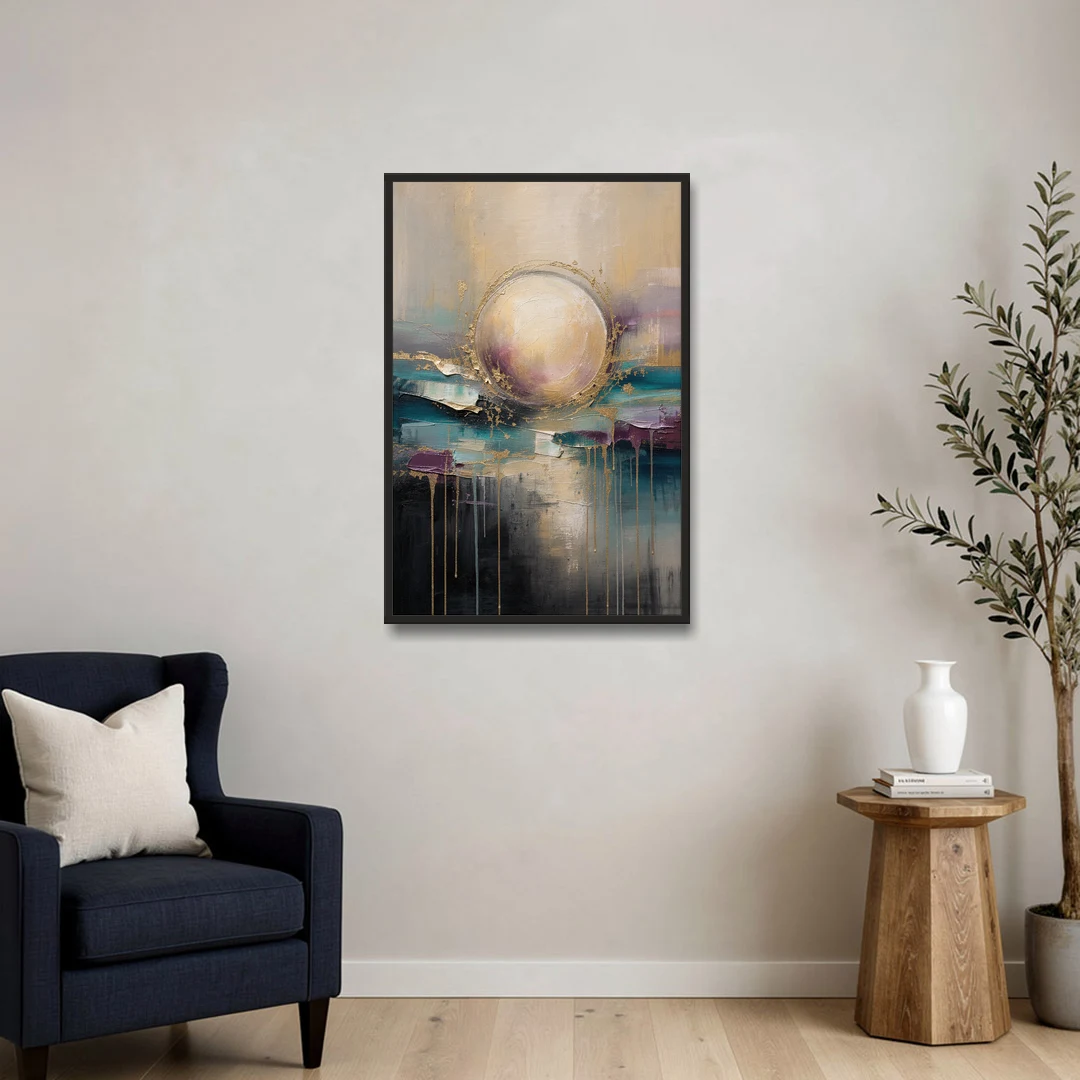 Luxury Abstract Gilded Moonrise Over Teal - Black Framed Canvas Wall Art - Sofa - 24x36