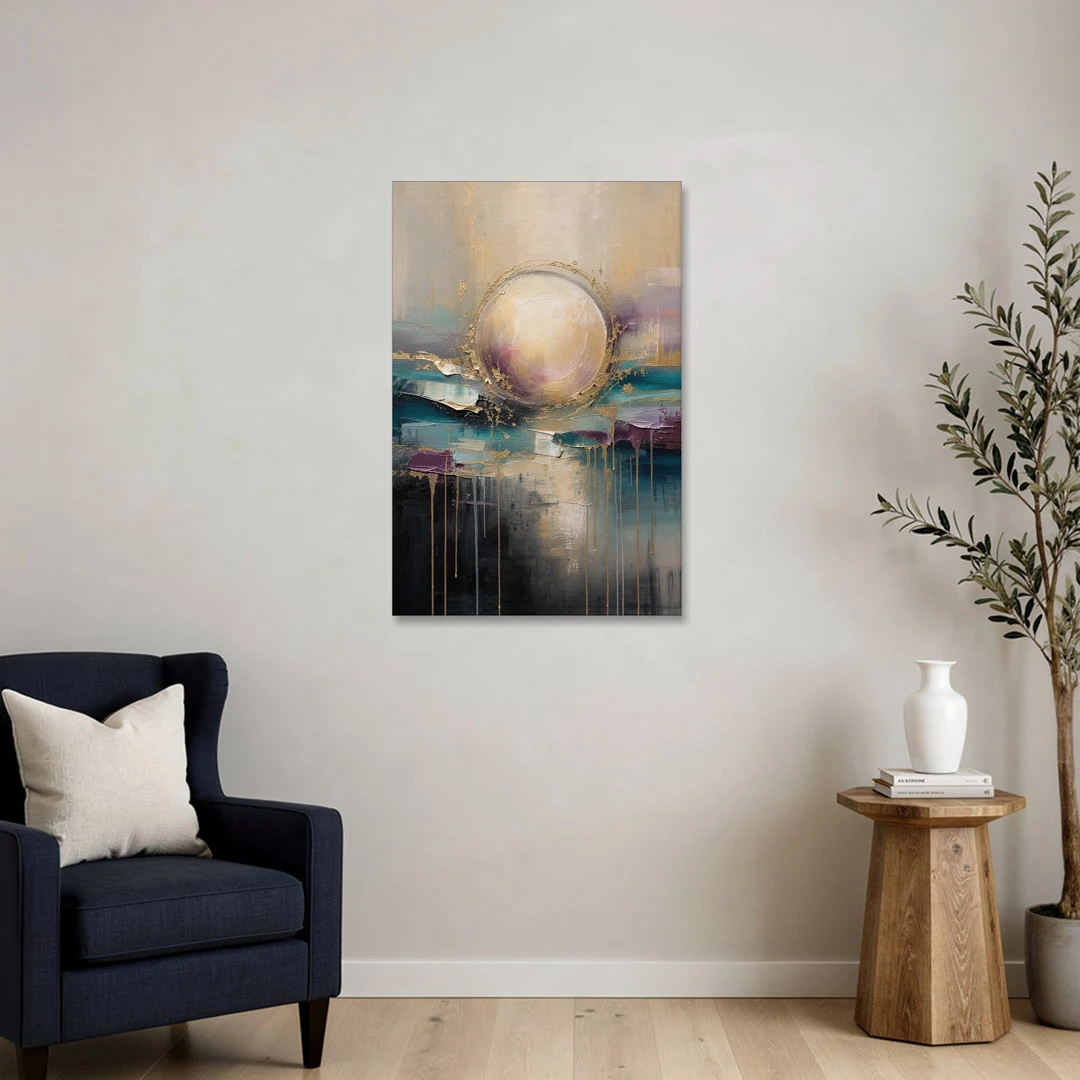 Luxury Abstract Gilded Moonrise Over Teal - Canvas Wall Art - Sofa - 24x36