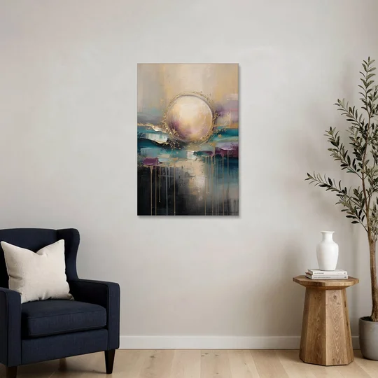 Luxury Abstract Gilded Moonrise Over Teal - Canvas Wall Art - Sofa - 24x36