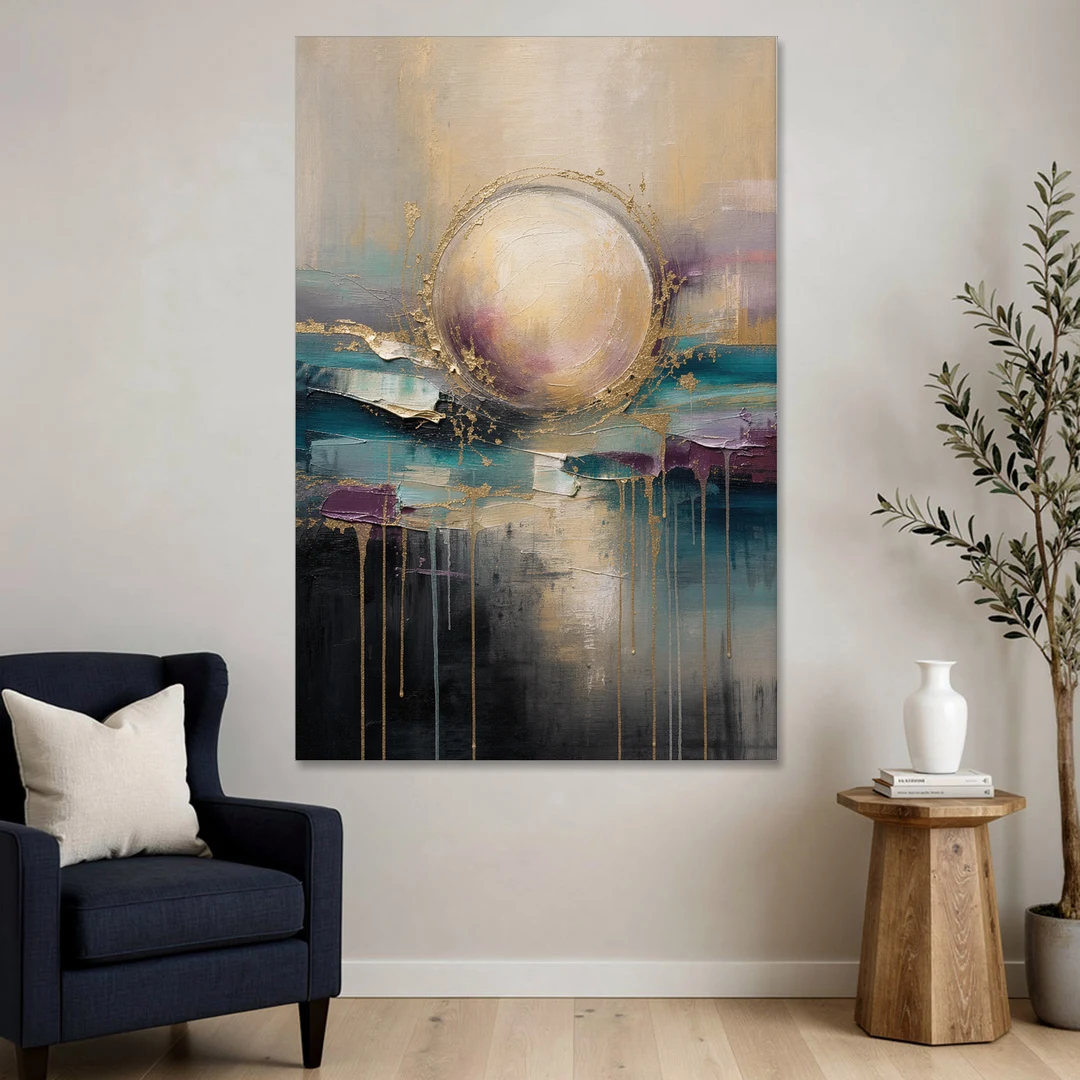 Luxury Abstract Gilded Moonrise Over Teal - Canvas Wall Art - Sofa - 40x60