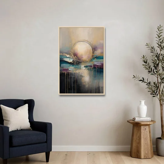 Luxury Abstract Gilded Moonrise Over Teal - Oak Framed Canvas Wall Art - Sofa - 24x36