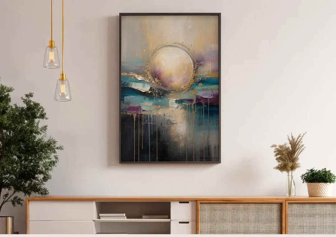 Luxury Abstract Gilded Moonrise Over Teal canvas wall art above a wooden sideboard under pendant lights