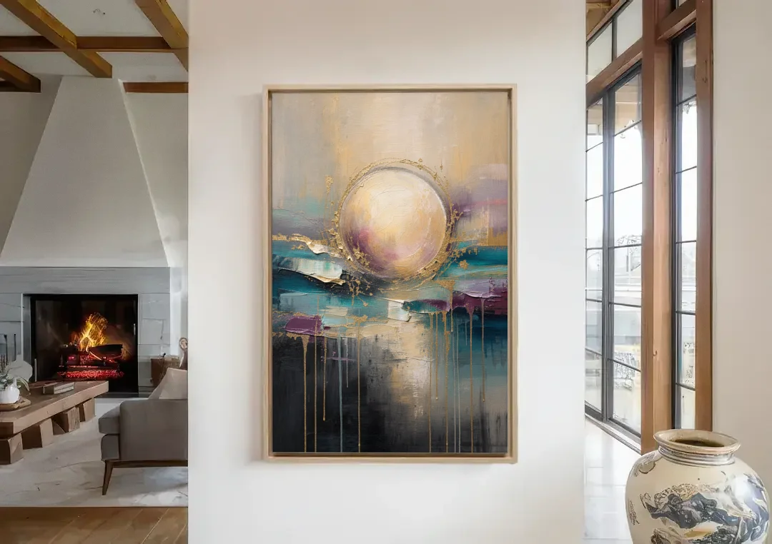 Luxury Abstract Gilded Moonrise Over Teal canvas wall art in a living room with a fireplace