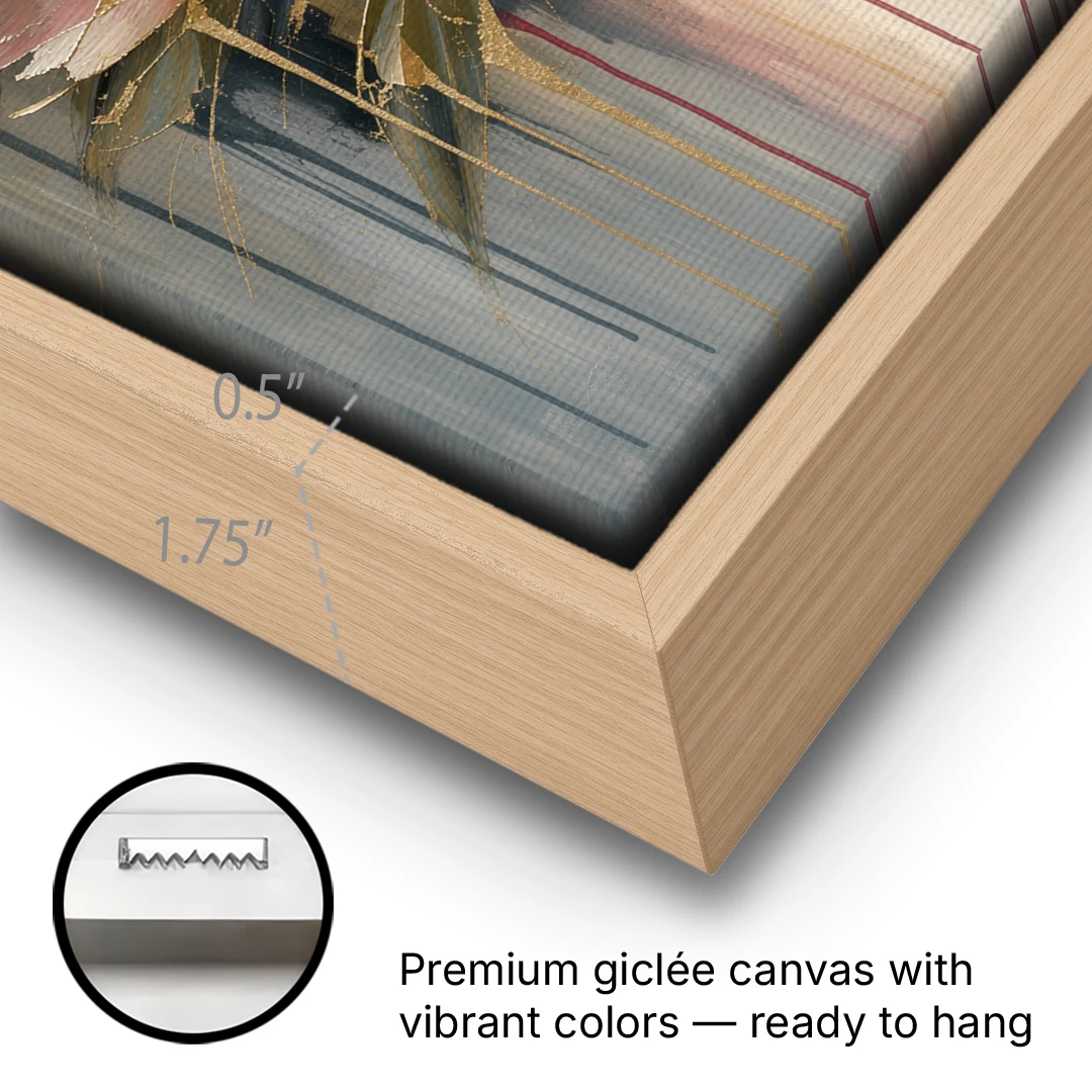 Luxury Gilded Blush Peony - Oak Framed Canvas Wall Art - Gallery Wrap Corner