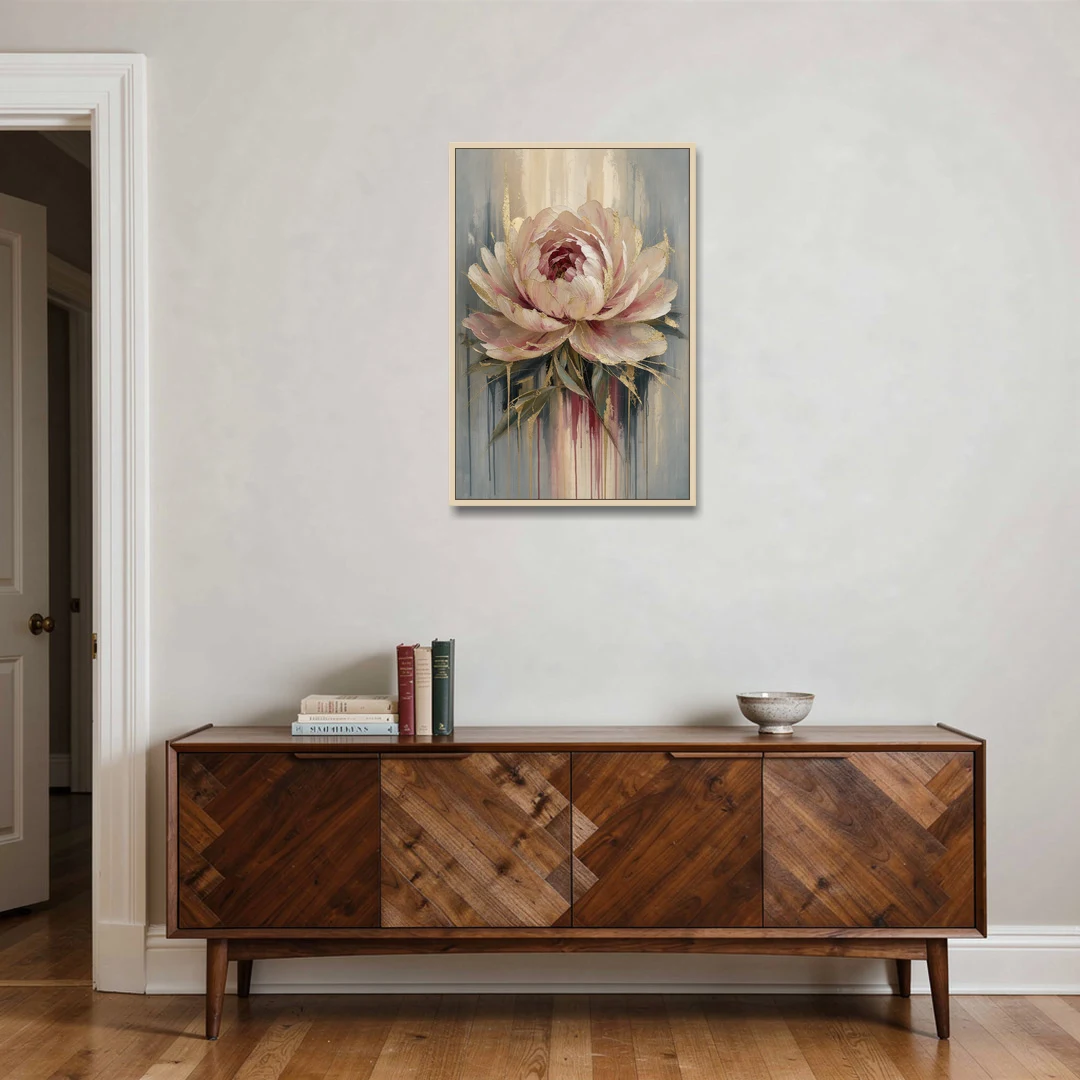 Luxury Gilded Blush Peony - Oak Framed Canvas Wall Art - Coffee Table - 24x36