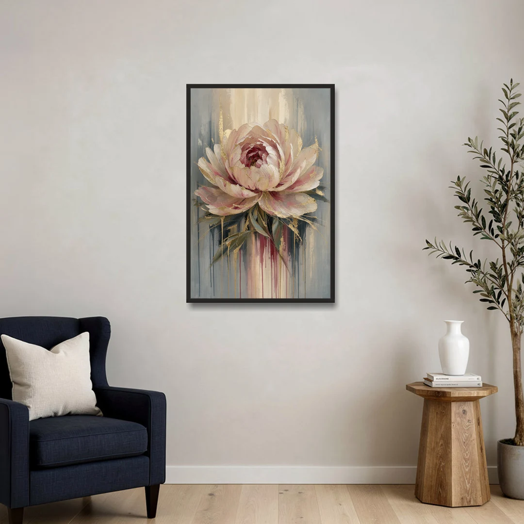 Luxury Gilded Blush Peony - Black Framed Canvas Wall Art - Sofa - 24x36