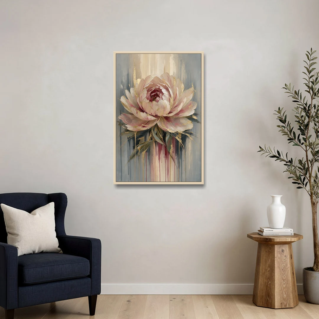 Luxury Gilded Blush Peony - Oak Framed Canvas Wall Art - Sofa - 24x36