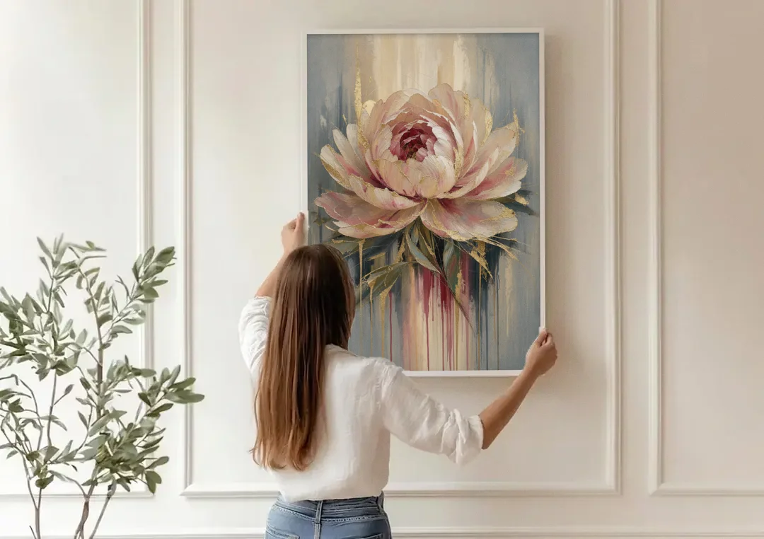 Luxury Gilded Blush Peony canvas wall art being hung on a paneled wall