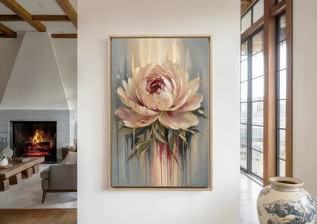 Luxury Gilded Blush Peony canvas wall art in a living room with a fireplace
