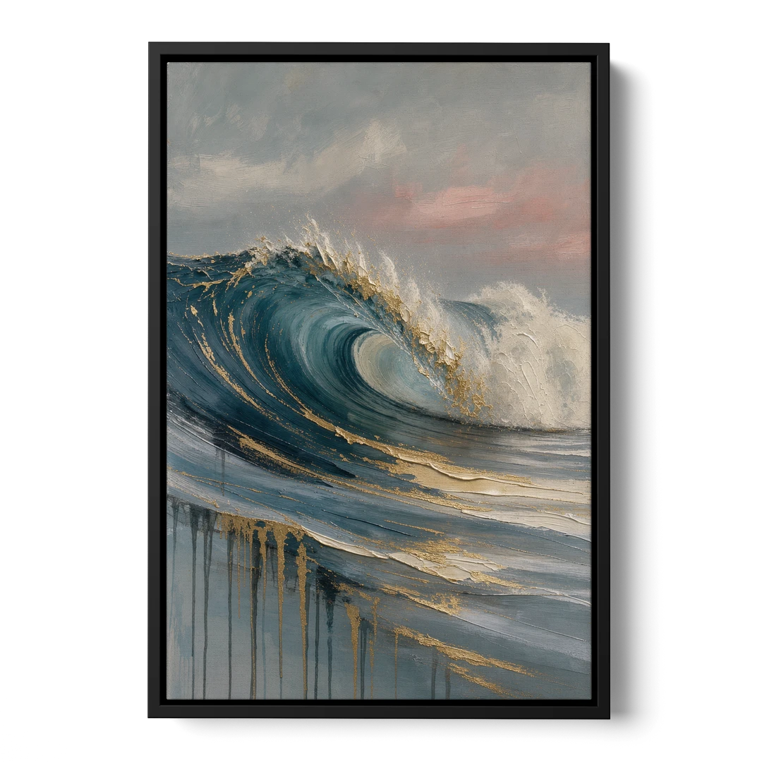 Luxury Gilded Ocean Curl for the Bathroom - Black Framed Canvas Wall Art - Front