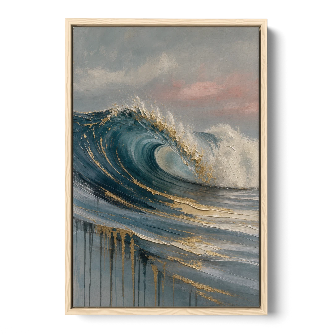 Luxury Gilded Ocean Curl for the Bathroom - Oak Framed Canvas Wall Art - Front