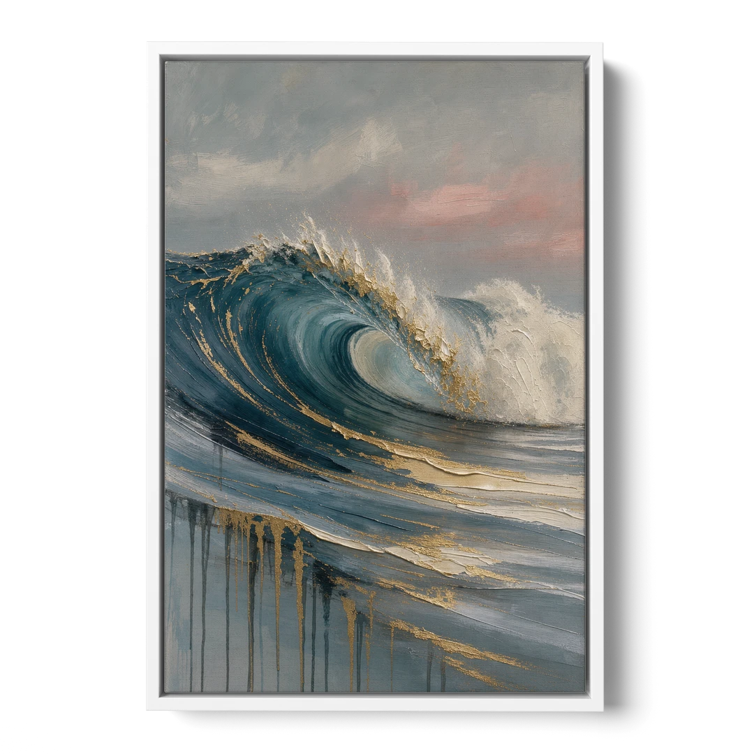 Luxury Gilded Ocean Curl for the Bathroom - White Framed Canvas Wall Art - Front
