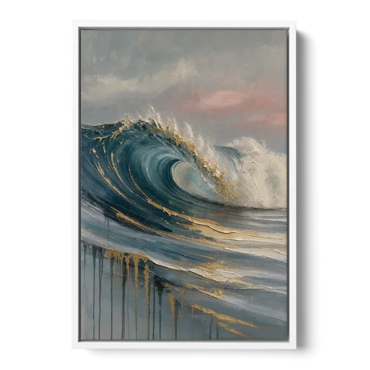 Luxury Gilded Ocean Curl for the Bathroom - White Framed Canvas Wall Art - Front