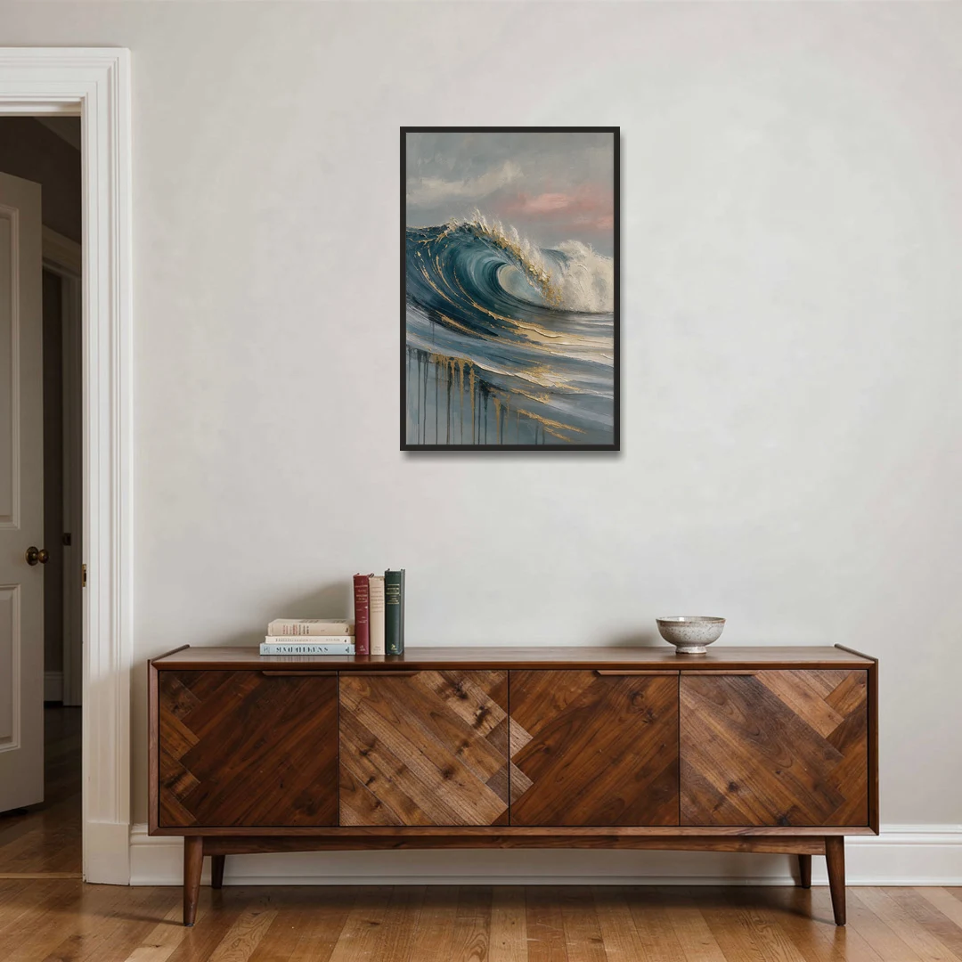 Luxury Gilded Ocean Curl for the Bathroom - Black Framed Canvas Wall Art - Coffee Table - 24x36