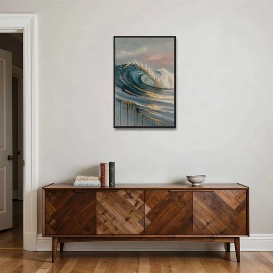 Luxury Gilded Ocean Curl for the Bathroom - Black Framed Canvas Wall Art - Coffee Table - 24x36