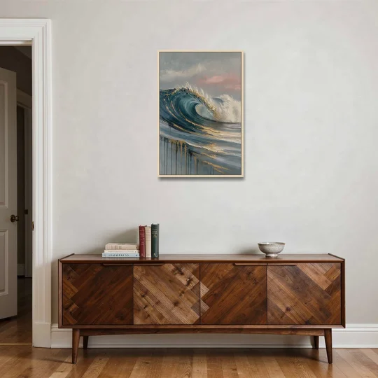 Luxury Gilded Ocean Curl for the Bathroom - Oak Framed Canvas Wall Art - Coffee Table - 24x36