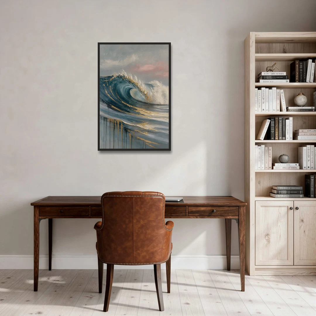 Luxury Gilded Ocean Curl for the Bathroom - Black Framed Canvas Wall Art - Office - 24x36