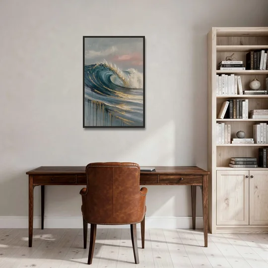Luxury Gilded Ocean Curl for the Bathroom - Black Framed Canvas Wall Art - Office - 24x36