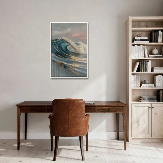 Luxury Gilded Ocean Curl for the Bathroom - White Framed Canvas Wall Art - Office - 24x36