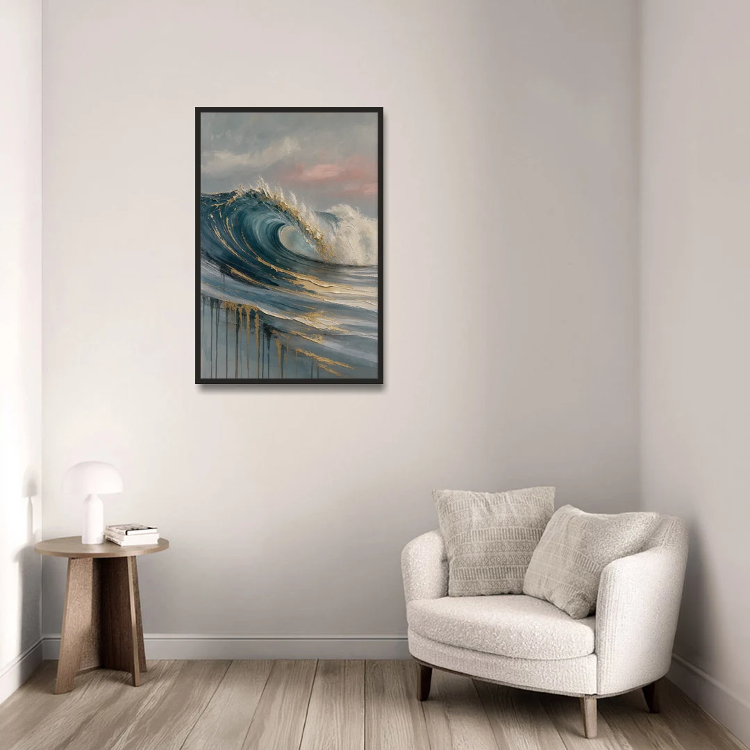 Luxury Gilded Ocean Curl for the Bathroom - Black Framed Canvas Wall Art - Sofa - 24x36