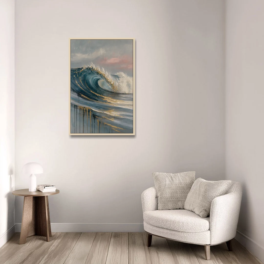 Luxury Gilded Ocean Curl for the Bathroom - Oak Framed Canvas Wall Art - Sofa - 24x36