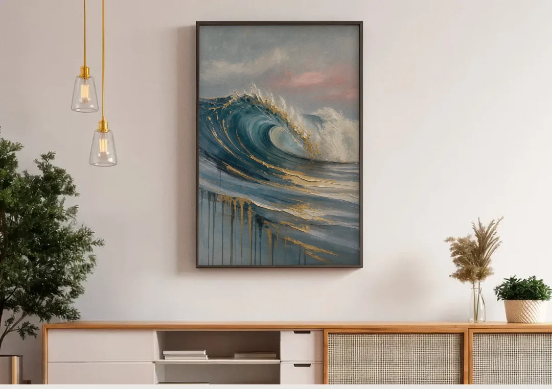 Luxury Gilded Ocean Curl for the Bathroom canvas wall art above a wooden sideboard under pendant lights
