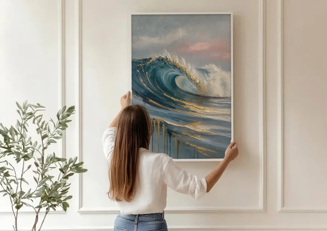 Luxury Gilded Ocean Curl for the Bathroom canvas wall art being hung on a paneled wall