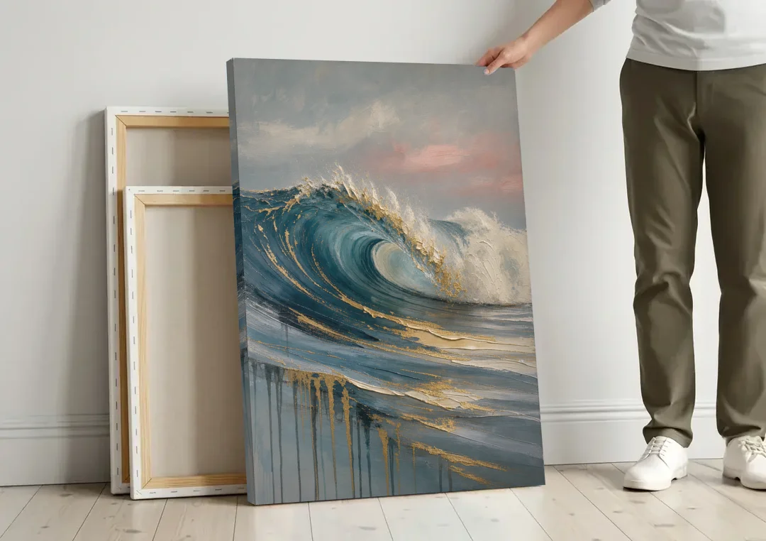 Luxury Gilded Ocean Curl for the Bathroom canvas wall art leaning against a wall next to blank canvases