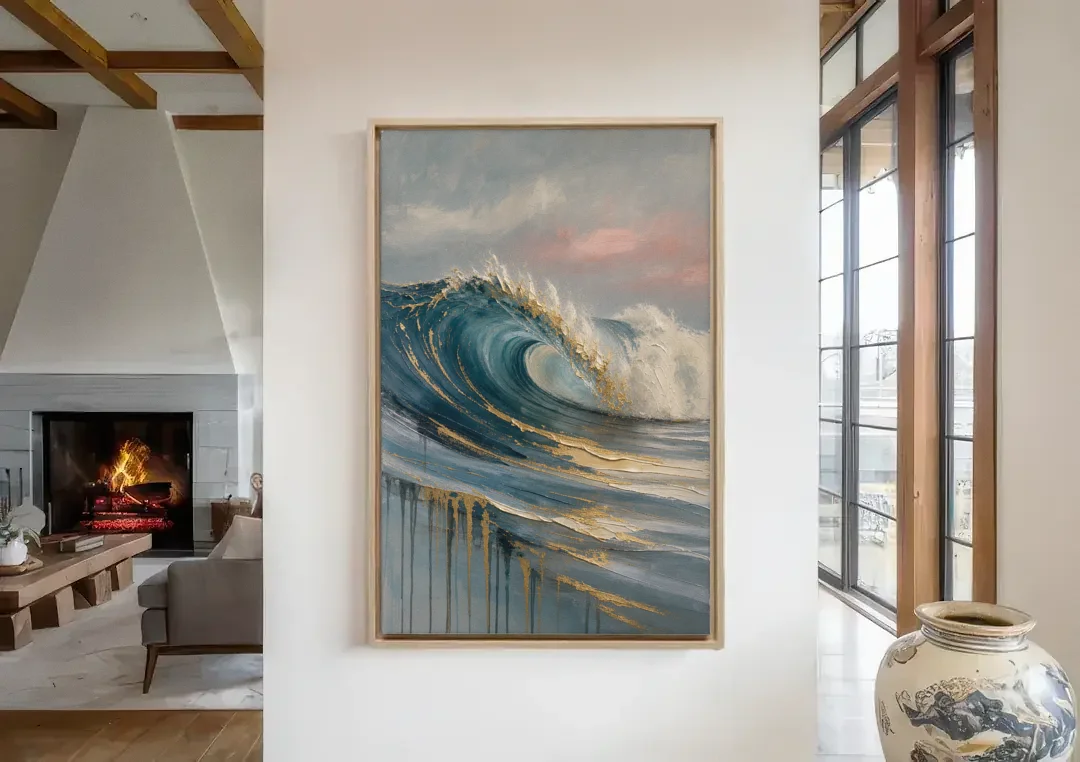Luxury Gilded Ocean Curl for the Bathroom canvas wall art in a living room with a fireplace