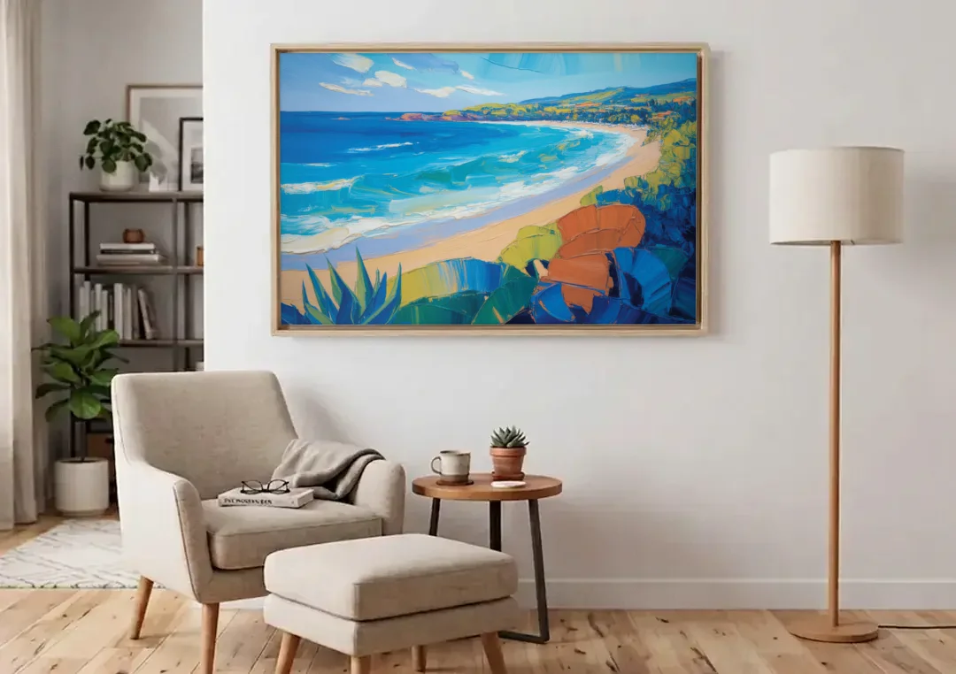 Luxury Punta Mita Bay canvas wall art above an armchair in a bright living room