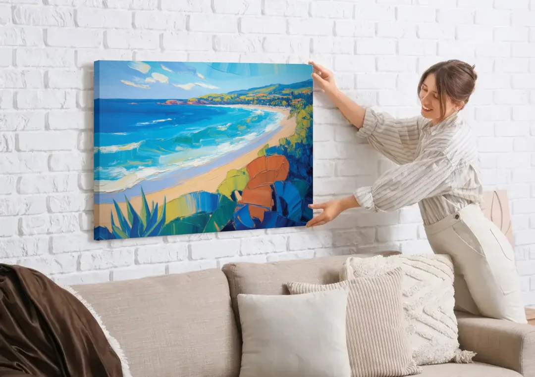 Luxury Punta Mita Bay canvas wall art being hung on a white brick wall above a sofa