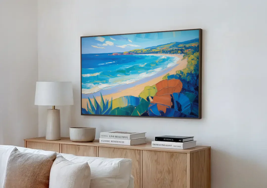 Luxury Punta Mita Bay canvas wall art above a wooden sideboard next to a sofa