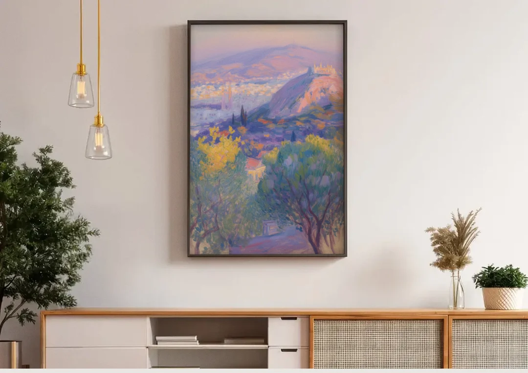Lycabettus Hill View canvas wall art above a wooden sideboard under pendant lights