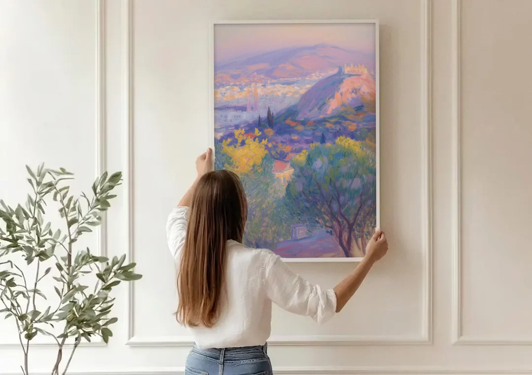 Lycabettus Hill View canvas wall art being hung on a paneled wall
