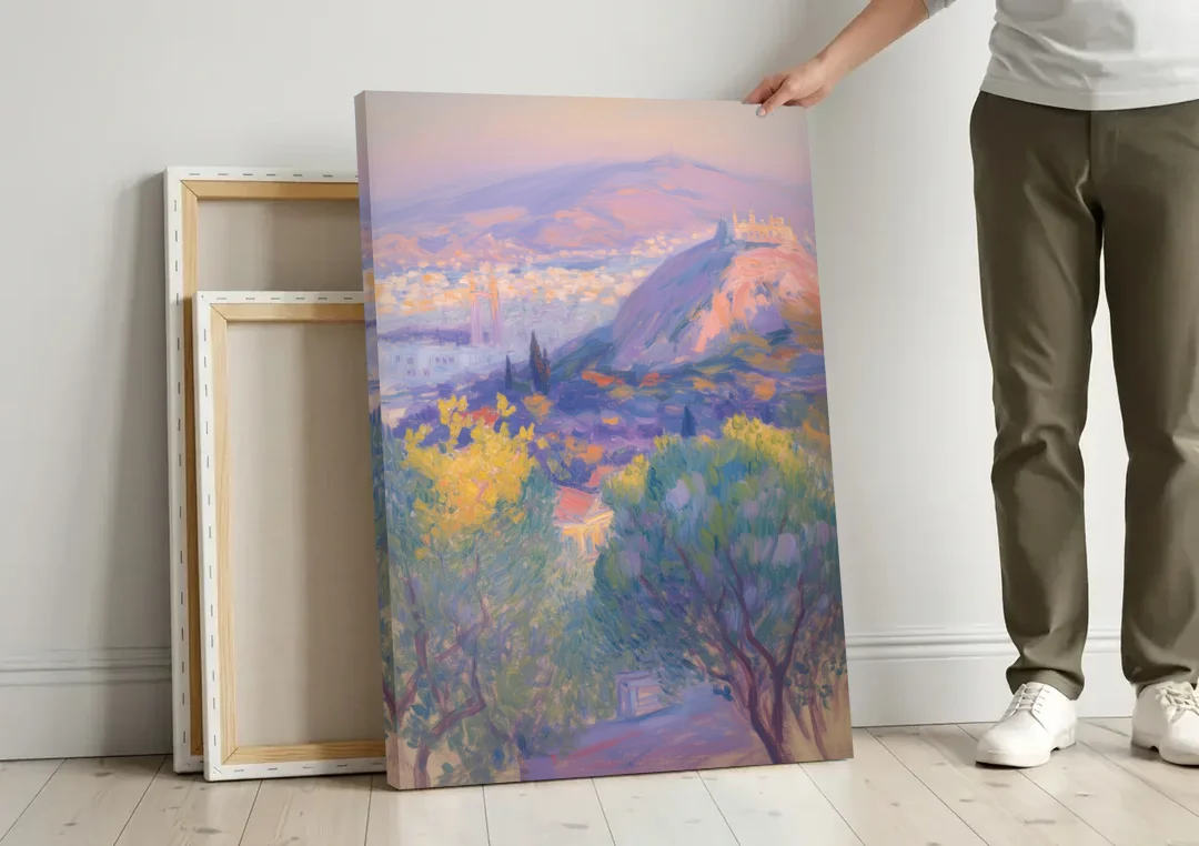 Lycabettus Hill View canvas wall art leaning against a wall next to blank canvases