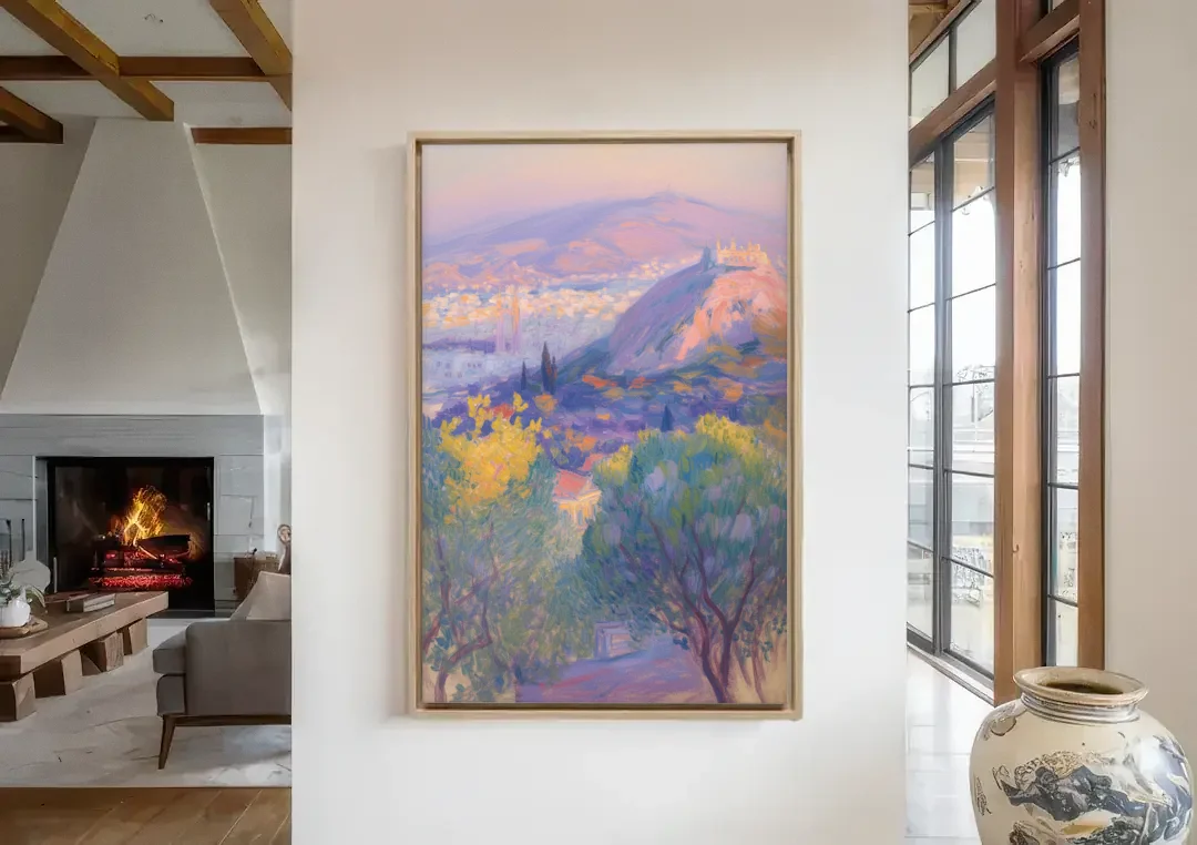 Lycabettus Hill View canvas wall art in a living room with a fireplace
