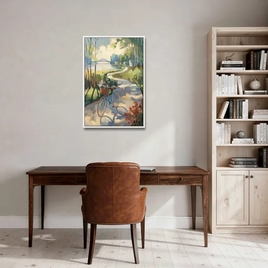 Mackinac Island Bicycle Path - White Framed Canvas Wall Art - Office - 24x36