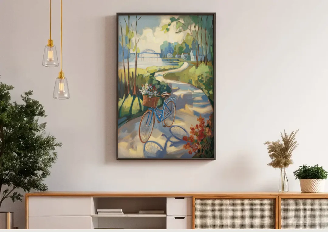 Mackinac Island Bicycle Path canvas wall art above a wooden sideboard under pendant lights