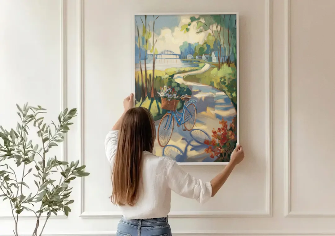 Mackinac Island Bicycle Path canvas wall art being hung on a paneled wall
