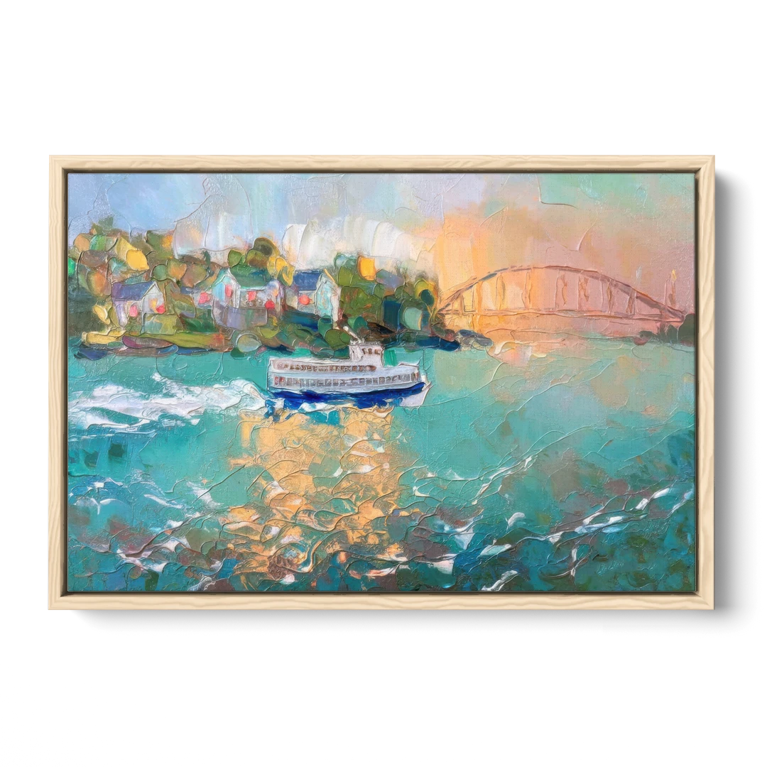 Mackinac Island Ferry Crossing - Oak Framed Canvas Wall Art - Front