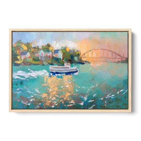 Mackinac Island Ferry Crossing - Oak Framed Canvas Wall Art - Front