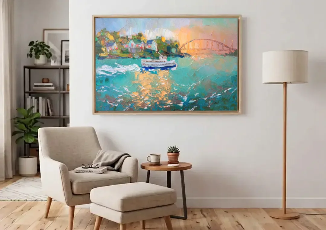 Mackinac Island Ferry Crossing canvas wall art above an armchair in a bright living room