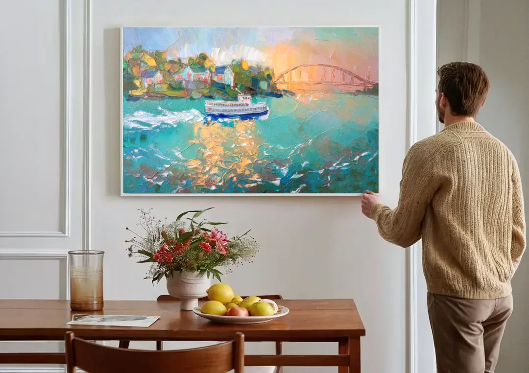 Mackinac Island Ferry Crossing canvas wall art above a dining table