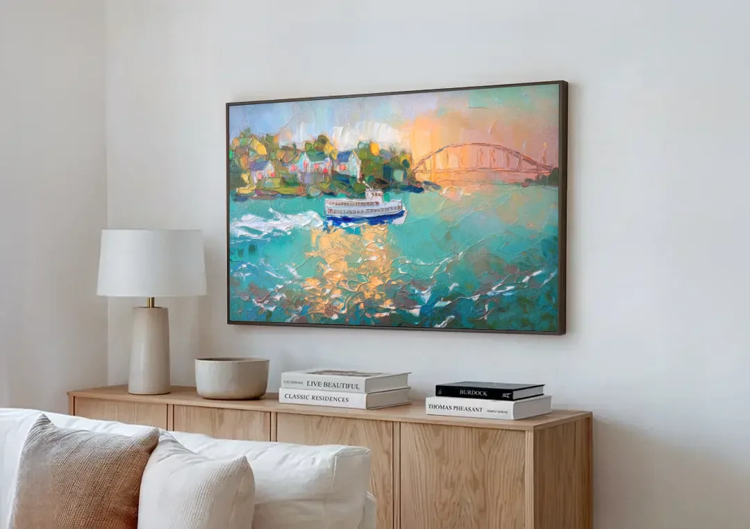 Mackinac Island Ferry Crossing canvas wall art above a wooden sideboard next to a sofa