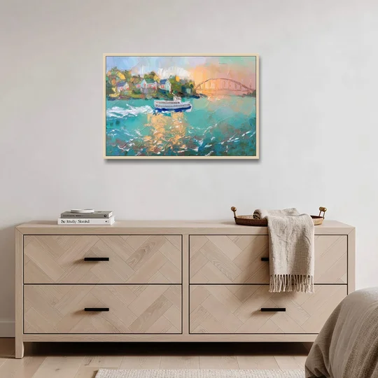 Mackinac Island Ferry Crossing - Oak Framed Canvas Wall Art - Coffee Table - 36x24