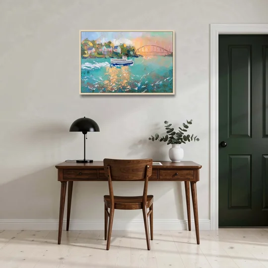 Mackinac Island Ferry Crossing - Oak Framed Canvas Wall Art - Office - 36x24